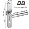 BB Renovierungsgarnitur aus Edelstahl für Zimmertüren mit Buntbartschloss. Türbeschlag mit ovalem Griff 25 x 18 mm und Griff-Länge 130 mm. Geeignet für Schlösser mit 80 mm Lochabstand. Maße: 240 x 50 mm. Robuste Garnitur für Innentüren mit Buntbartschlüssel.