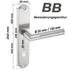 BB Renovierungsgarnitur aus Edelstahl für Innentüren mit Buntbartschloss. Türbeschlag mit Griffdurchmesser 20 mm und Griff-Länge 130 mm. Geeignet für Schlösser mit 80 mm Lochabstand. Maße: 240 x 50 mm. Moderner und robuster Türbeschlag für Zimmertüren.