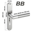 BB Türgriff-Garnitur aus Edelstahl für Innentüren mit Buntbartschloss. Türbeschlag mit ovalem Griff 25 x 18 mm, Länge 130 mm. Geeignet für Schlösser mit 80 mm Lochabstand. Maße: 235 x 40 mm. Stilvolle und stabile Lösung für Zimmertüren mit Buntbartschlüssel.