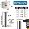 Maßzeichnung eines höhenverstellbaren Möbelfußes Edelstahl Optik mit Ø50 mm Stellfuß und Ø38 mm Rohrdurchmesser. Montageplatte 60 x 45 mm, Stärke 1,3 mm. Höhenverstellung je nach Modell von +70 mm bis +170 mm, maximale Länge bis 370 mm. Inklusive 4 Schrauben Ø4 x 20 mm.