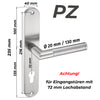 Türgriff-Garnitur PZ für Eingangstüren mit Profilzylinder aus Edelstahl. Geeignet für Türen mit 72 mm Lochabstand, Griffdurchmesser Ø 20 mm, Grifflänge 130 mm. Maße: 235 x 40 mm. Robuster Haustür-Beschlag in modernem Design.