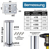 Maßzeichnung eines höhenverstellbaren Möbelfußes in Chrom hochglanz mit Ø50 mm Stellfuß und Ø38 mm Rohrdurchmesser. Montageplatte 60 x 45 mm, Stärke 1,3 mm. Höhenverstellung je nach Modell von +70 mm bis +170 mm, maximale Länge bis 370 mm. Inklusive 4 Schrauben Ø4 x 20 mm.