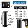 Maßzeichnung eines höhenverstellbaren Möbelfußes in Schwarz mit Ø50 mm Stellfuß und Ø38 mm Rohrdurchmesser. Montageplatte 60 x 45 mm, Stärke 1,3 mm. Höhenverstellung je nach Modell von +70 mm bis +170 mm, maximale Länge bis 370 mm. Inklusive 4 Schrauben Ø4 x 20 mm.