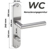 Renovierungsgarnitur WC aus Edelstahl mit geradem Türgriff und WC-Riegel, 240x50 mm Langschild, 78 mm Lochabstand, geeignet für Badezimmer- und WC-Türen.