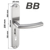 Türgriff-Garnitur in Edelstahl mit Buntbart (BB) Ausführung für Innentüren. Maße: 235 x 40 mm, Lochabstand 135 mm, Lochabstand 216 mm. Robuste Qualität, modernes Design und einfache Montage für Zimmertüren mit Bartschlüssel.