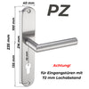 Türgriff-Garnitur aus Edelstahl mit Profilzylinder-Lochung (PZ), geeignet für Eingangstüren mit 72 mm Lochabstand. Maße: 235 x 40 mm. Robuster Türbeschlag aus Edelstahl für Haustüren und Wohnungstüren.