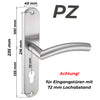 Türgriff-Garnitur aus Edelstahl mit Profilzylinder-Lochung (PZ), geeignet für Eingangstüren mit 72 mm Lochabstand. Maße: 235 x 40 mm, Schlossabstand 72 mm. Robuste Türbeschlag-Garnitur für Haustüren und Zimmereingänge.