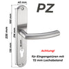 Türgriff-Garnitur in Edelstahl mit PZ-Lochung für Profilzylinder, passend für Eingangstüren mit 72 mm Lochabstand. Maße: 235 x 40 mm. Robuste und moderne Türgarnitur aus Edelstahl für Haustüren und Wohnungseingangstüren.