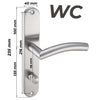 Türgriff-Garnitur aus Edelstahl mit WC-Schloss, geeignet für Bad- und WC-Türen. Maße: 235 x 40 mm, Schlossabstand 78 mm. Robuste WC-Türbeschlag-Garnitur in Edelstahl matt für Badezimmer und Toiletten.