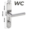 Türgriff-Garnitur aus Edelstahl mit WC-Schloss, passend für Bad- und WC-Türen. Maße: 235 x 40 mm, Lochabstand 78 mm. Robuster Türbeschlag mit einfacher Verriegelung für Badezimmer und Toiletten.
