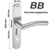 Edelstahl Renovierungsgarnitur mit gebogenem Türgriff und Langschild (240 x 50 mm), passend für Zimmertüren mit Buntbartschloss (BB) und 80 mm Lochabstand. Maße:Schildbreite 50 mm. Robuste und moderne Lösung zur Türsanierung.