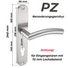 Edelstahl Renovierungsgarnitur mit gebogenem Türgriff und Langschild (240 x 50 mm), passend für Eingangstüren mit Profilzylinder (PZ) und 72 mm Lochabstand. Maße: Schildbreite 50 mm. Modernes Design für stabile Türmontage.
