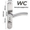 Edelstahl Renovierungsgarnitur mit gebogenem Türgriff und Langschild (240 x 50 mm), passend für WC-/Badezimmertüren mit 78 mm Lochabstand. Schildbreite 50 mm. Mit Drehknauf zur einfachen Verriegelung.