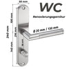 WC Renovierungsgarnitur aus Edelstahl für Bade- und WC-Türen. Türbeschlag mit Griffdurchmesser 20 mm und Griff-Länge 130 mm. Geeignet für WC-Schlösser mit 78 mm Lochabstand. Maße: 240 x 50 mm. Robuster Türbeschlag in modernem Design.
