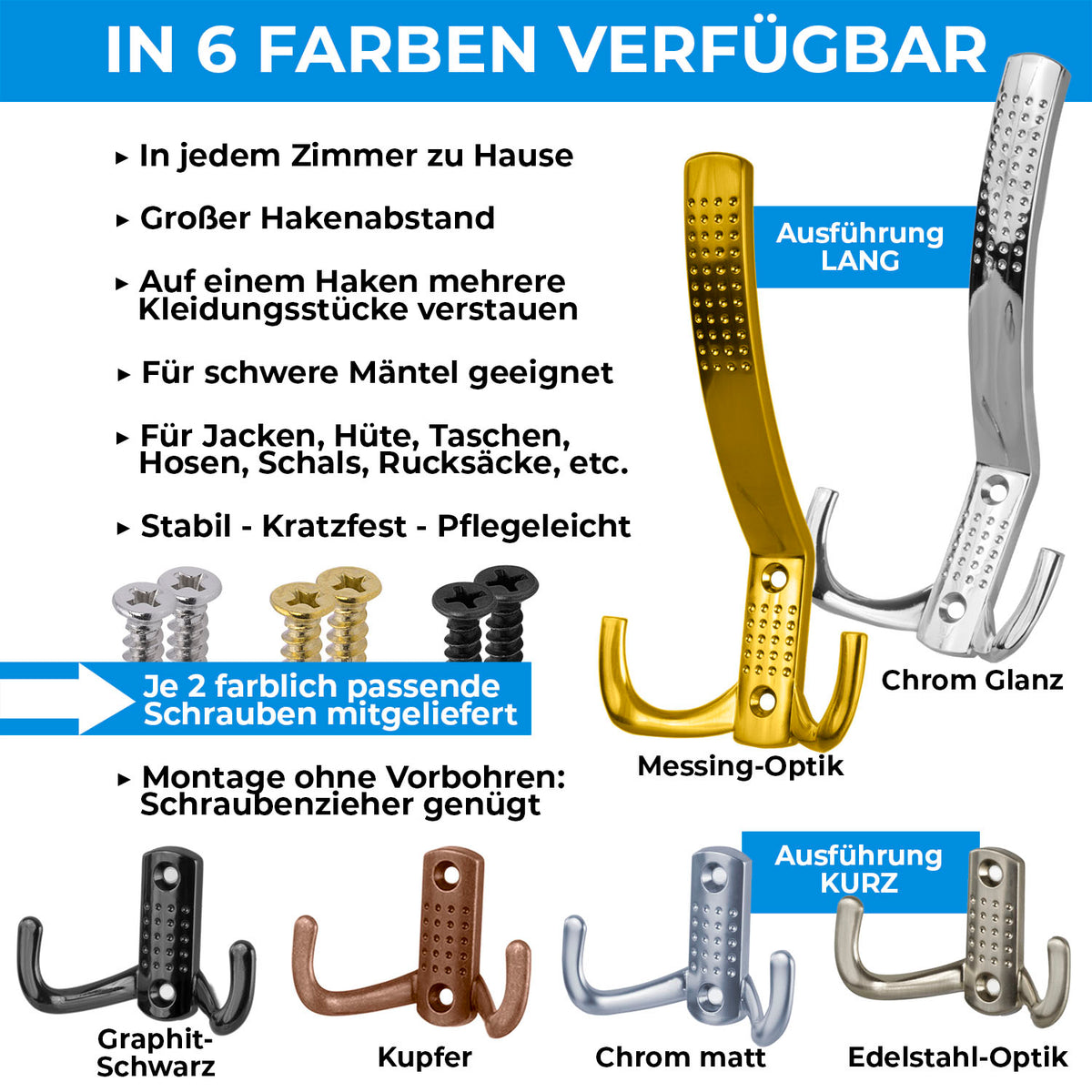 Kleiderhaken für Garderobe, Jacken, Taschen, Schlüssel uvm