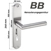 Renovierungsgarnitur BB aus Edelstahl mit geradem Türgriff, 240x50 mm Langschild, 80 mm Lochabstand, geeignet für Zimmertüren.