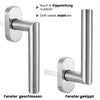 Edelstahl Fenstergriff mit stabiler Rastfunktion, nutzbar in geschlossener und Kippstellung. Hochwertige Verarbeitung für sicheren Halt und komfortable Bedienung.