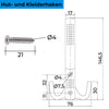 Bemaßungszeichnung unseres Garderobenhaken lang von Vorne sowie die Bemaßung der im Lieferumfang enthaltenen Schrauben