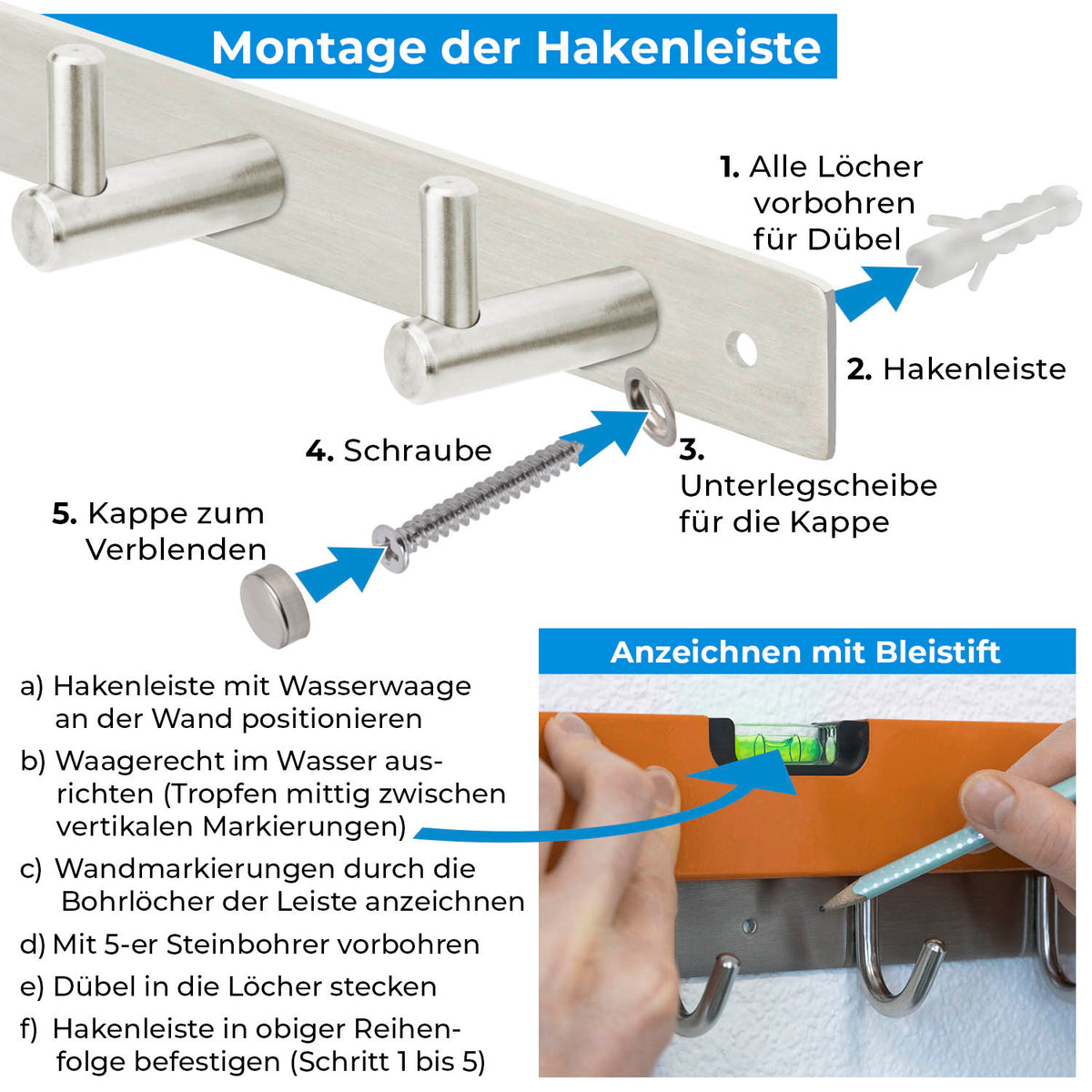 Garderobenleiste Wandhaken aus Edelstahl 1/4/6/8/10 Haken GRETA