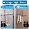 Edelstahl Gerätehalterleiste mit zwei Montagemöglichkeiten: Wandmontage mit Schrauben und Dübeln (max. 90 kg Belastbarkeit) oder Klebemontage ohne Bohren (max. 6 kg Belastbarkeit). Ideal zur platzsparenden Aufbewahrung von Besen, Mops und Haushaltsutensilien.