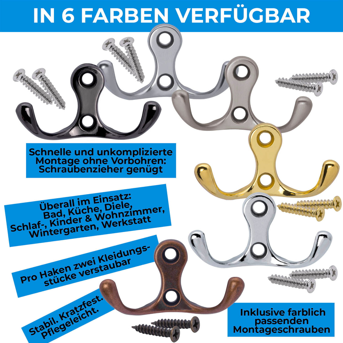 Garderobenhaken modern mini in Silber, Schwarz, Gold Optik, Kupfer Optik