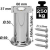 Möbelfuß Chrom mit Bemaßungen, angegebener Tragkraft und vier Schrauben