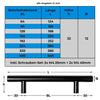 Die Bemaßungstabelle des schwarz matten Möbelgriffs