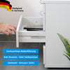 Schublade ausgezogen aus weißen Schrank und abgebildete Eigenschaften der Schubladenschienen