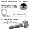 Inhalt des 30er Sets Sechskantschraube, Sicherungsmutter und Unterlegscheibe.