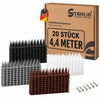 Ein Set mit gestapelten Vogelabwehr Spikes aus Kunststoff in Schwarz, Silber, Transparent und Braun steht vor der Produktverpackung und mehreren Schrauben. Die Darstellung zeigt die verschiedenen Farbvarianten sowie den Lieferumfang. Im Bild steht "STAHLIA. Entdecke unsere Welt. DEUTSCHE MARKE. Vogelabwehr Systeme. Premium Line. 20 STÜCK. 4,4 METER."