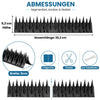 Schwarze Vogelabwehr Spikes mit zwei kürzbaren Segmenten werden mit Maßangaben und Kabelbindern dargestellt. Im Bild steht "ABMESSUNGEN. Segmentiert, kürzbar & flexibel. 5,2 cm Höhe. Gesamtlänge: 26,2 cm. Breite: 5cm. 2 Segmente. Kürzbar. Inkl. Kabelbinder."