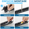 Schwarze Vogelabwehr Spikes werden in vier Beispielen mit Kabelbindern Schrauben Klebeband und Kleber befestigt. Die Nahaufnahmen zeigen jeweils die Handhabung der unterschiedlichen Montagemöglichkeiten. Im Bild steht "EINFACHE MONTAGE. 4 BEFESTIGUNGSMÖGLICHKEITEN. Kabelbinder. Schrauben. Klebeband. Kleber."
