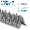 Graue Vogelabwehr Spikes aus Premium PP sind mit Wassertropfen dargestellt und verdeutlichen das robuste wetterfeste Material für den Außeneinsatz. Im Bild steht "PREMIUM MATERIAL. PREMIUM PP. Robust & langlebig. UV-BESTÄNDIG. Kein Ausbleichen. WETTERFEST. Für jedes Wetter."