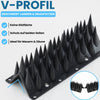 Schwarze Vogelabwehr Spikes mit V Profil bilden auf beiden Seiten dichte Spitzen und erschweren Vögeln das Landen und Sitzen auf Mauern und Zäunen. Die schräge Form lässt in der Mitte keine Sitzfläche frei. Im Bild steht "V-PROFIL. ERSCHWERT LANDEN & DRAUFSITZEN. Keine Sitzfläche. Schutz auf beiden Seiten. Ideal für Mauern & Zäune."