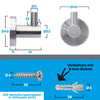 Einzel Wandhaken aus Edelstahl zugehörige Schraube und Dübel mit der Bemaßungsanzeichnung