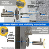 Die Montage des kurzen Wandhakens aus echt Edelstahl gebürstet an einer Platte und an der Wand