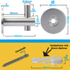Mittlerer Wandhaken aus Edelstahl gebürstet mit der Bemaßung seiner einzelnen Bestandteile, Schraube und Dübel