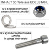 Inhalt des 30er Sets Zylinderschraube, Sicherungsmutter und Unterlegscheibe.