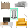 Möbelfuß Chrom in der Anwendung an einem kleinen Schrank, Sofa, Sessel und Sideboard