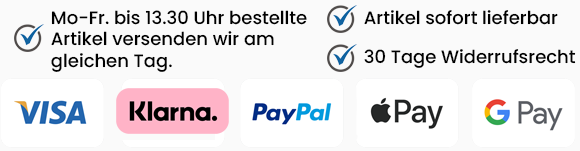 Die beliebtesten Zahlungsarten wie PayPal, VISA & Klarna und Fakten über die Lieferung, Versand und Widerrufsrecht